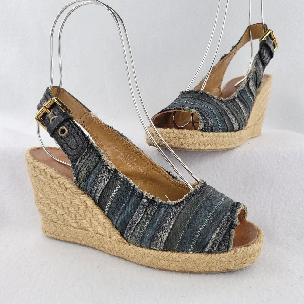 Apepazza Sandals Womens 6 Blue Rodano Espadrille Canvas‎ Heels Wedge Hemp Beach